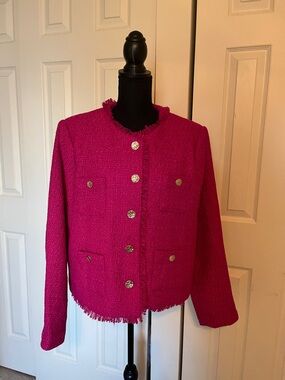 Tahari Fuchsia Tweed Lined Fringed Button Jacket
